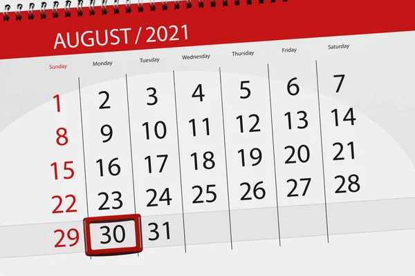 Kalendář Plánovač Měsíc Srpen 2021 Termín Den Pondělí — Stock fotografie