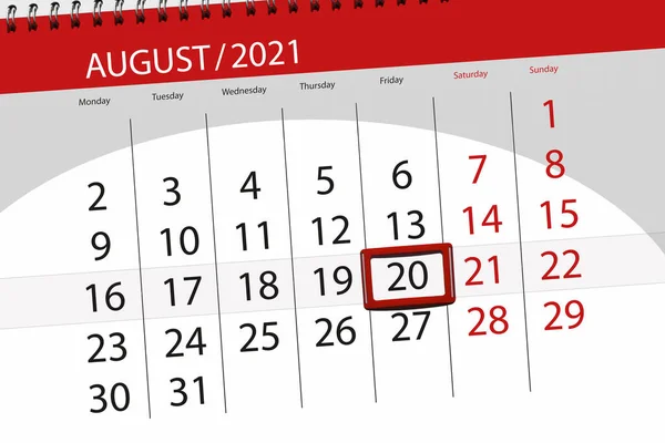 Kalender Planerare För Månaden Augusti 2021 Deadline Dag Fredag — Stockfoto