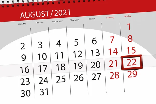 Kalendář Plánovač Měsíc Srpen 2021 Termín Den Neděle — Stock fotografie