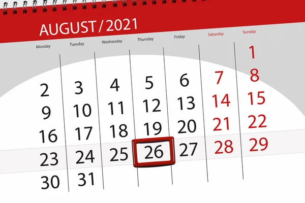 Kalender Planerare För Månaden Augusti 2021 Deadline Dag Torsdag — Stockfoto