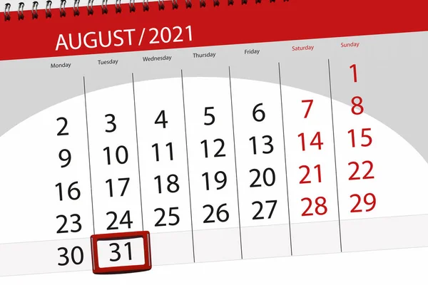 Calendar Planner Month August 2021 Deadline Day Tuesday — Stock Photo, Image