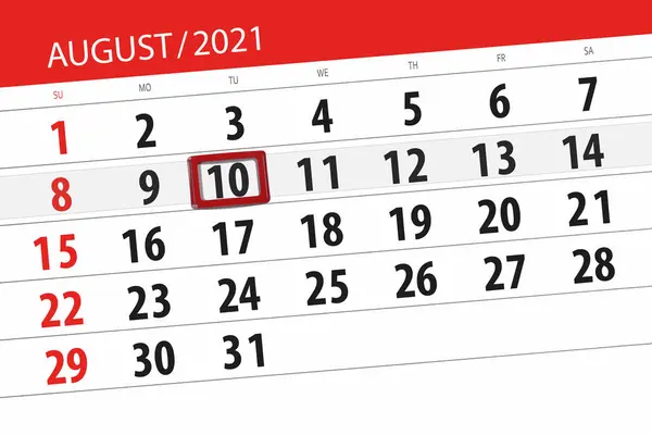 Kalender Planerare För Månaden Augusti 2021 Deadline Dag Tisdag — Stockfoto