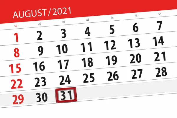 Kalenderplanner Voor Maand Augustus 2021 Deadline Dag Dinsdag Stockfoto