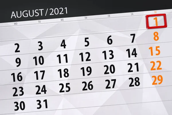Planificator Calendar Pentru Luna August 2021 Data Limită Duminică — Fotografie, imagine de stoc