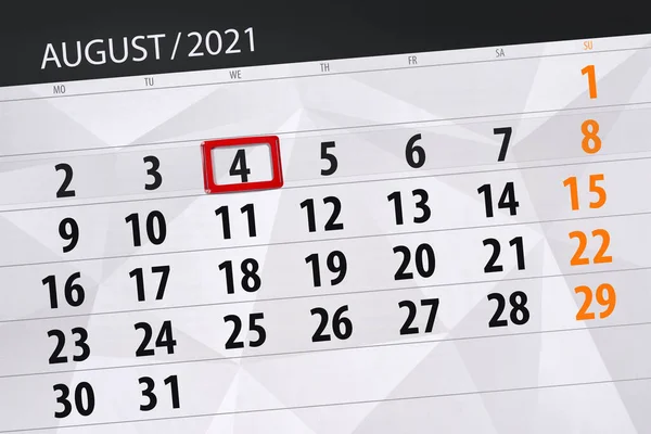 Planificator Calendar Pentru Luna August 2021 Data Limită Miercuri — Fotografie, imagine de stoc