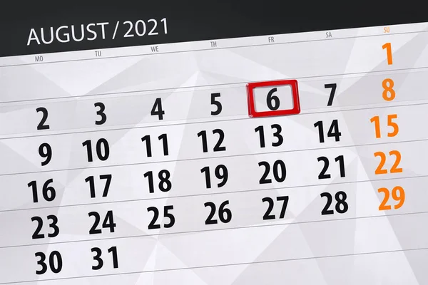 Kalendář Plánovač Měsíc Srpen 2021 Termín Den Pátek — Stock fotografie