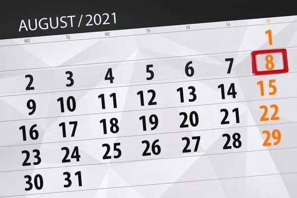 Kalender Planerare För Månaden Augusti 2021 Deadline Dag Söndag — Stockfoto