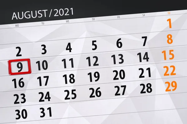 Planificator Calendar Pentru Luna August 2021 Data Limită Luni — Fotografie, imagine de stoc