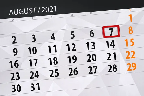 Kalendář Plánovač Měsíc Srpen 2021 Termín Den Sobota — Stock fotografie