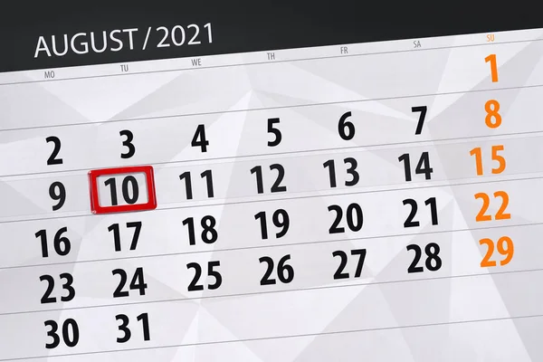 Planificator Calendar Pentru Luna August 2021 Data Limită Marți — Fotografie, imagine de stoc