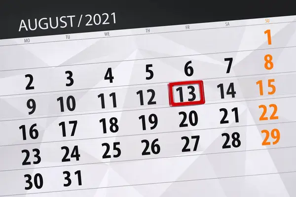 Planificator Calendar Pentru Luna August 2021 Data Limită Vineri — Fotografie, imagine de stoc