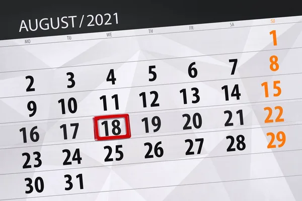 Planificator Calendar Pentru Luna August 2021 Data Limită Miercuri — Fotografie, imagine de stoc