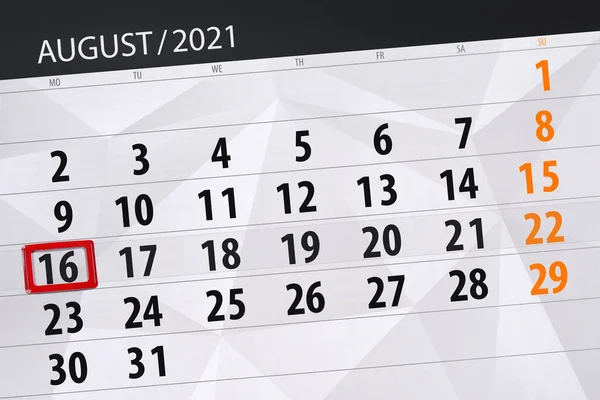 Planificator Calendar Pentru Luna August 2021 Data Limită Luni — Fotografie, imagine de stoc