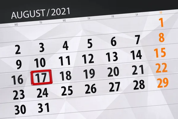 Planificator Calendar Pentru Luna August 2021 Data Limită Marți — Fotografie, imagine de stoc