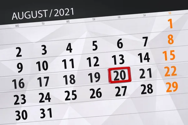 Planificator Calendar Pentru Luna August 2021 Data Limită Vineri — Fotografie, imagine de stoc