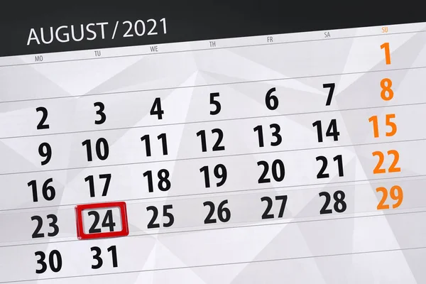 Planificator Calendar Pentru Luna August 2021 Data Limită Marți — Fotografie, imagine de stoc