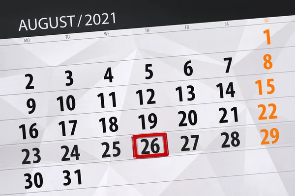 Planificator Calendar Pentru Luna August 2021 Data Limită Joi — Fotografie, imagine de stoc