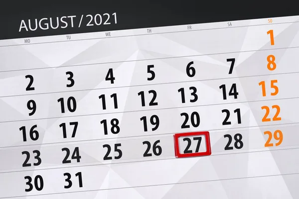 Kalender Planerare För Månaden Augusti 2021 Deadline Dag Fredag — Stockfoto