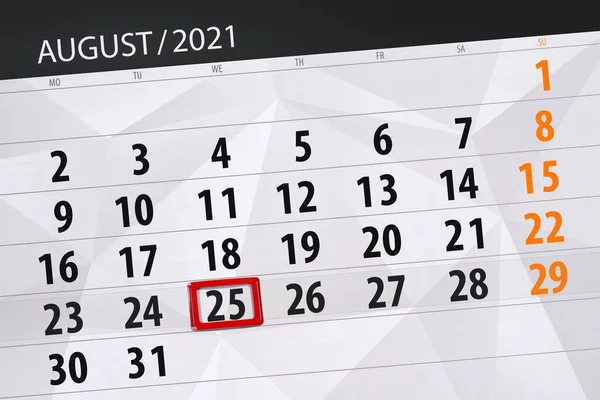 Planificator Calendar Pentru Luna August 2021 Data Limită Miercuri — Fotografie, imagine de stoc