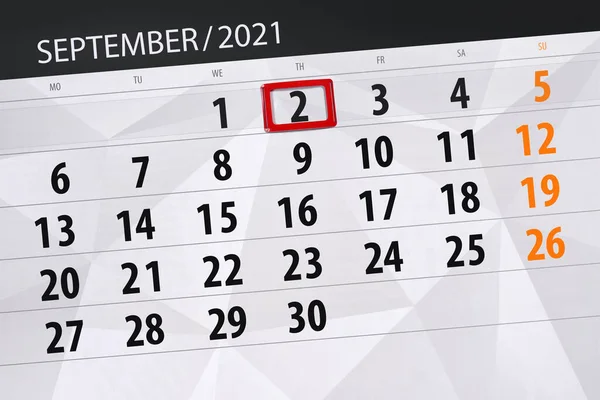 Planificador Calendario Para Mes Septiembre 2021 Fecha Límite Jueves —  Fotos de Stock