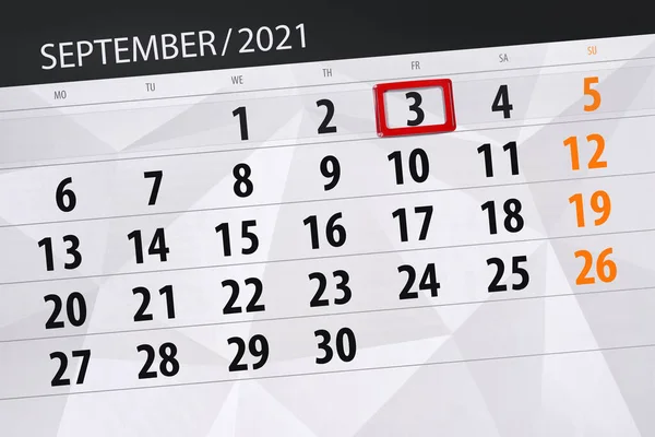 Kalender Planerare För Månaden September 2021 Deadline Dag Fredag — Stockfoto