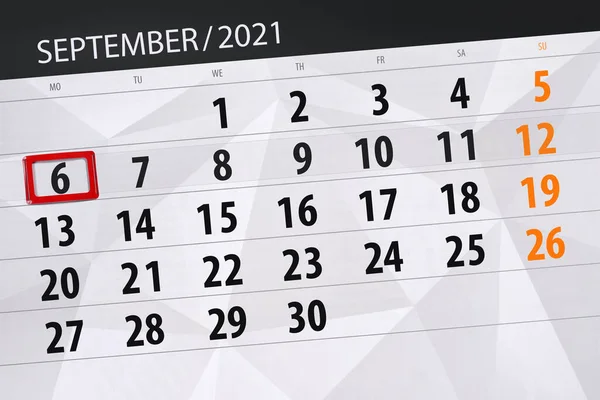 Kalendář Plánovač Měsíc Září 2021 Termín Den Pondělí — Stock fotografie