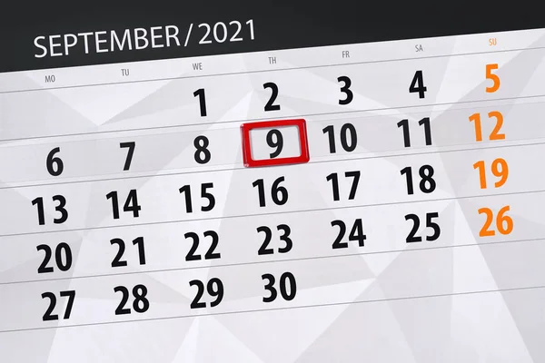 Planificator Calendar Pentru Luna Septembrie 2021 Data Limită Joi — Fotografie, imagine de stoc