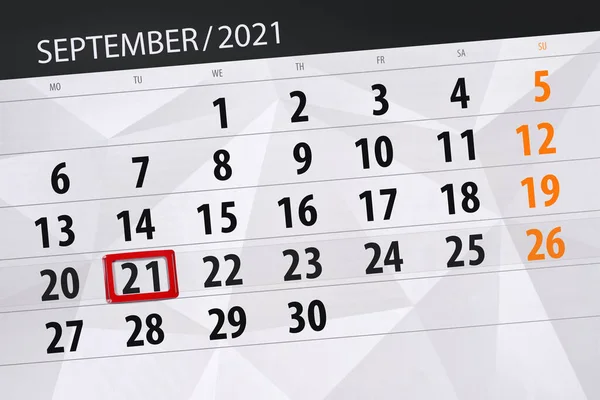 Calendário Planejador Para Mês Setembro 2021 Data Limite Terça Feira — Fotografia de Stock