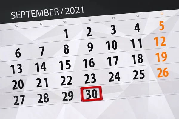 Kalendář Plánovač Měsíc Září 2021 Termín Den Čtvrtek — Stock fotografie
