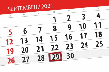 Ayın takvim planlayıcısı Eylül 2021, son gün, 29, Çarşamba..