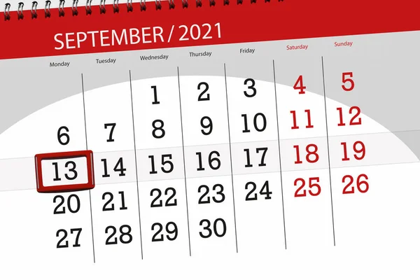2021年9月 截止日期 13日 星期一的日历计划 — 图库照片