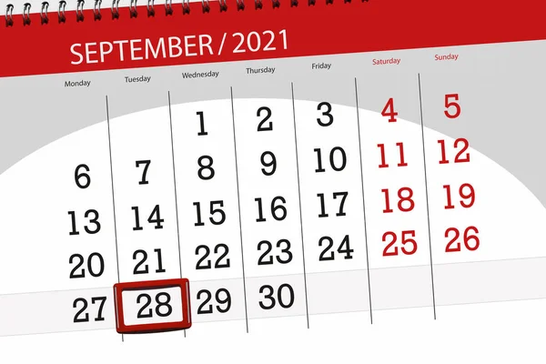 Kalendář Plánovač Měsíc Září 2021 Termín Den Úterý — Stock fotografie