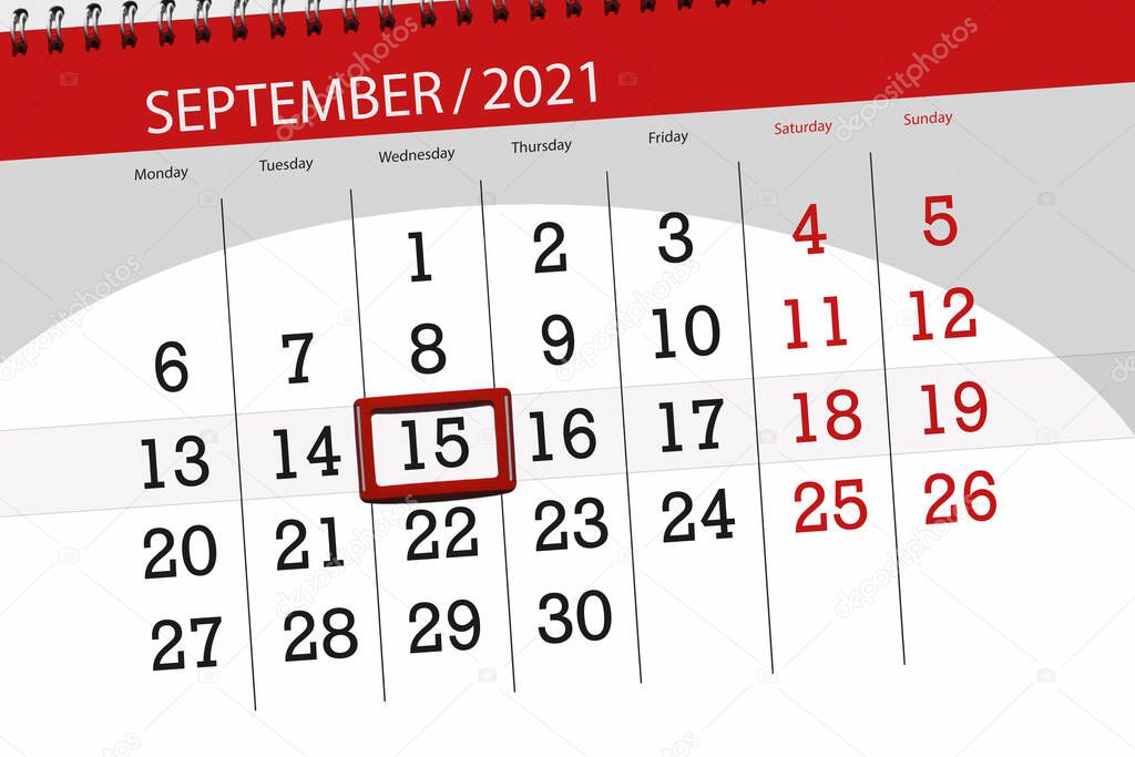 Calendar planner for the month september 2021, deadline day, 15, wednesday.