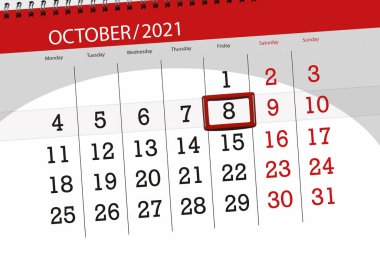 Ayın takvim planlayıcısı Ekim 2021, son gün, 8, Cuma.