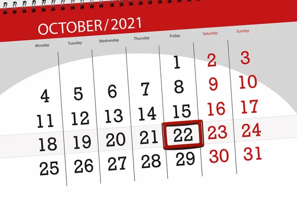 Calendar Planner Month October 2021 Deadline Day Friday — Stock Photo, Image