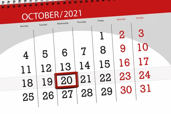Calendar Planner Month October 2021 Deadline Day Wednesday — Stock Photo, Image