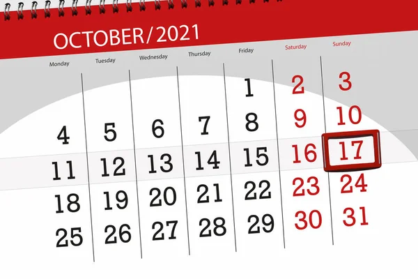Planer Kalendarza Miesiąc Październik 2021 Dzień Ostateczny Niedziela — Zdjęcie stockowe