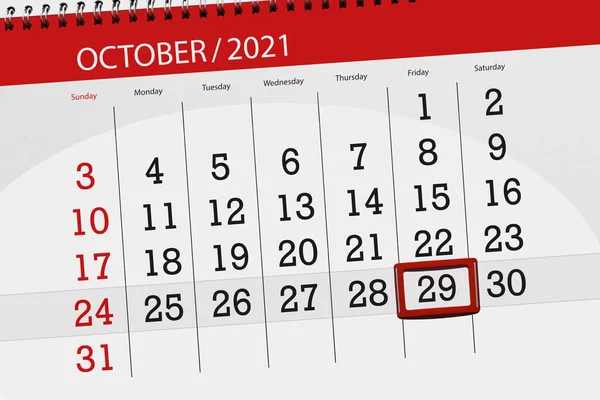 Kalendář Plánovač Měsíc Říjen 2021 Termín Den Pátek — Stock fotografie