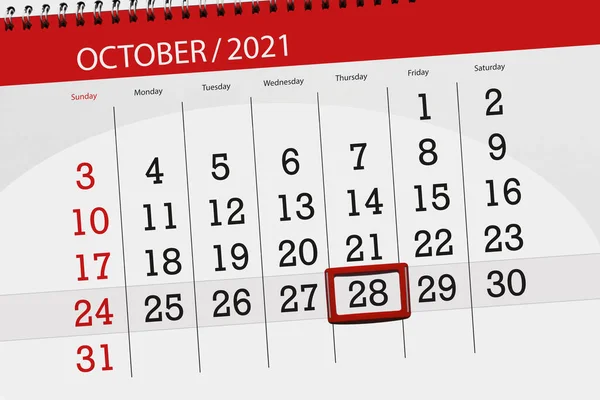 Calendar Planner Month October 2021 Deadline Day Thursday — Stock Photo, Image