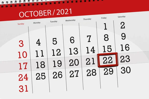 2021年10月 截止日期 22日 星期五的日历计划 — 图库照片