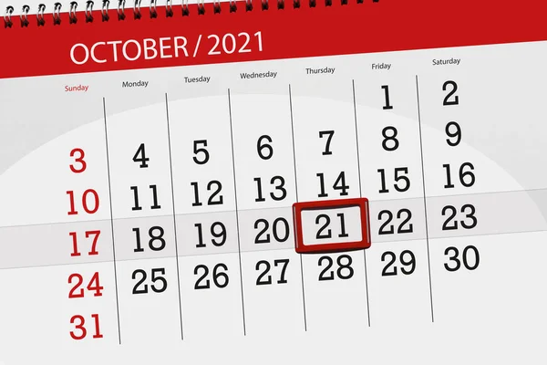 Calendar Planner Month October 2021 Deadline Day Thursday — Stock Photo, Image