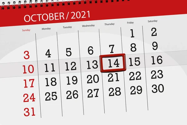 2021年10月 截止日期 14日 星期四的日历计划 — 图库照片