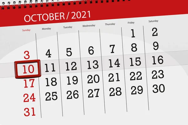 Kalender Planerare För Månaden Oktober 2021 Deadline Dag Söndag — Stockfoto