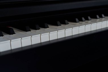 Piyano klavyesini kapat. Seçici odak ve alanın sığ derinliği.                               