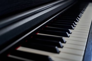 Piyano klavyesini kapat. Seçici odak ve alanın sığ derinliği.                               