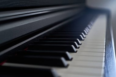 Piyano klavyesini kapat. Seçici odak ve alanın sığ derinliği.                               