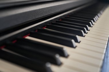 Piyano klavyesini kapat. Seçici odak ve alanın sığ derinliği.                               