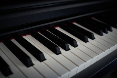 Piyano klavyesini kapat. Seçici odak ve alanın sığ derinliği.                               