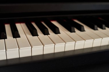 Piyano klavyesini kapat. Seçici odak ve alanın sığ derinliği.                               