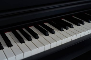 Piyano klavyesini kapat. Seçici odak ve alanın sığ derinliği.                               